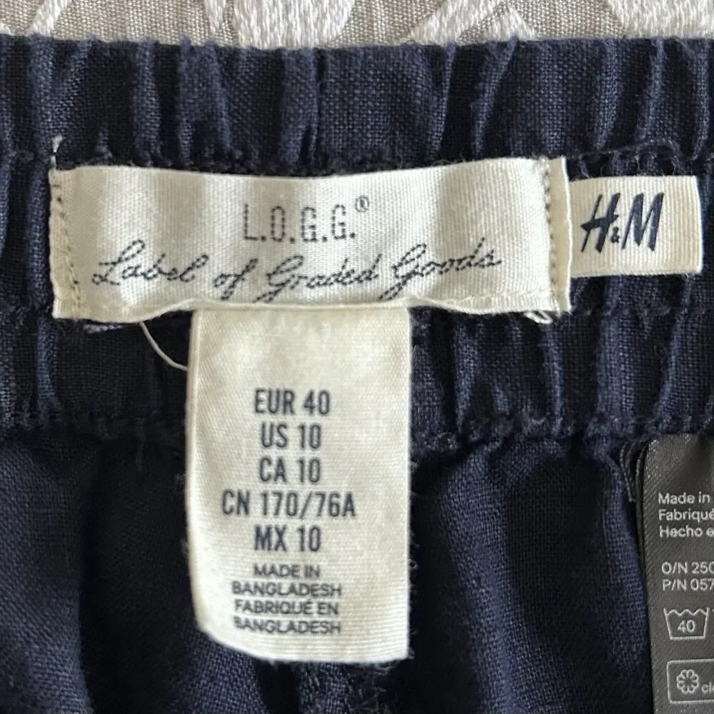 H&M Pants Women 10 Navy Linen Drawstring Elastic Taper Pocket Comfy Beachy Boho